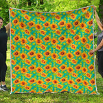 Teal Watercolor Sunflower Pattern Print Quilt