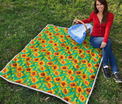Teal Watercolor Sunflower Pattern Print Quilt