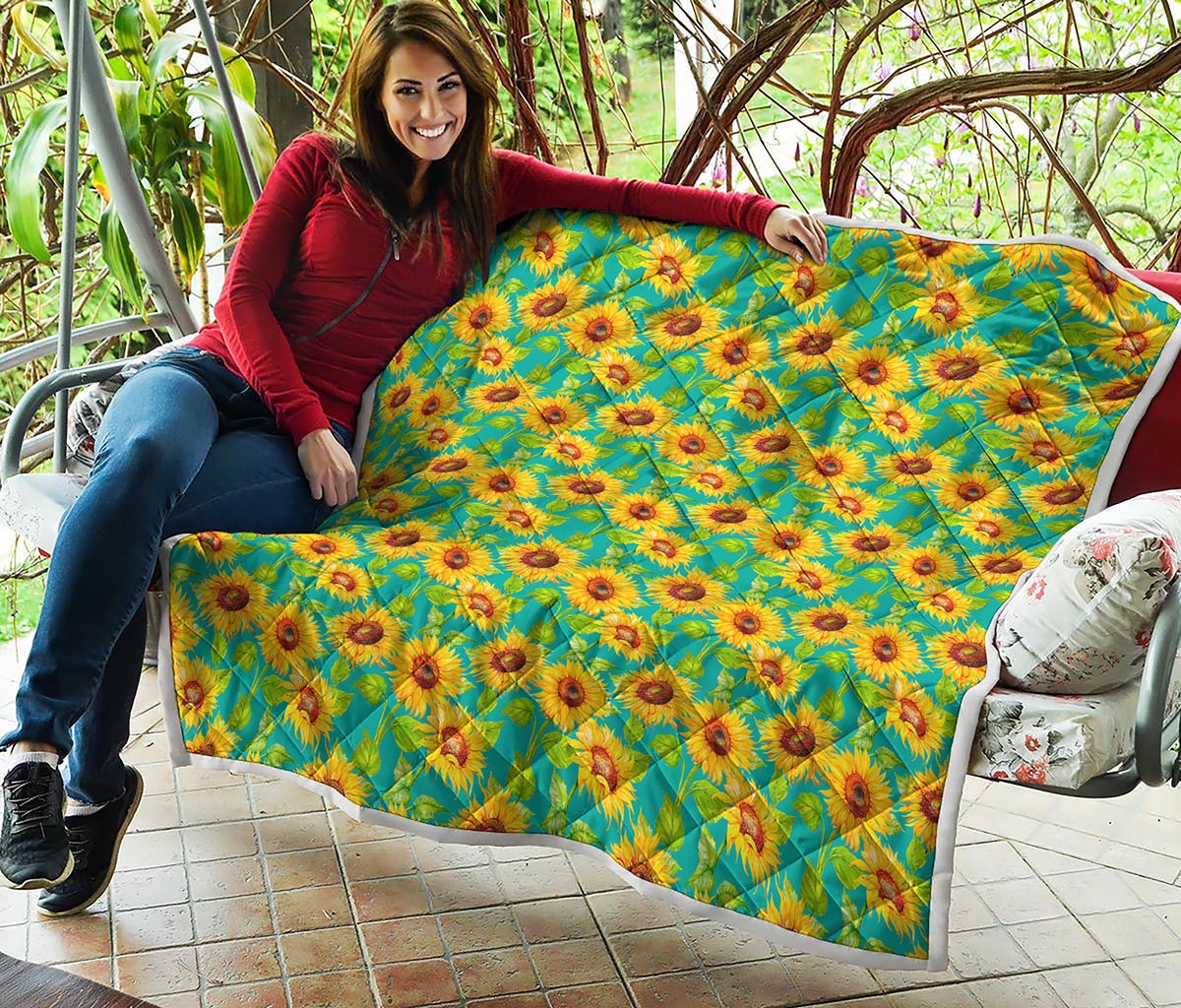Teal Watercolor Sunflower Pattern Print Quilt