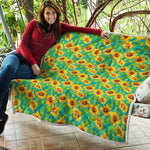 Teal Watercolor Sunflower Pattern Print Quilt