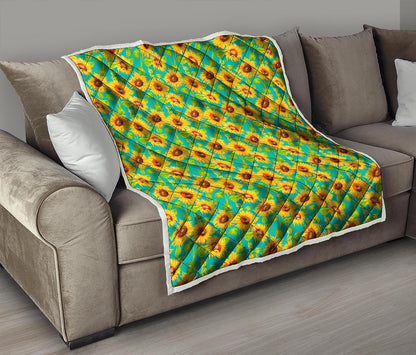 Teal Watercolor Sunflower Pattern Print Quilt