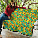 Teal Watercolor Sunflower Pattern Print Quilt