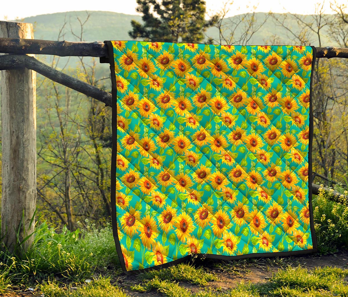 Teal Watercolor Sunflower Pattern Print Quilt