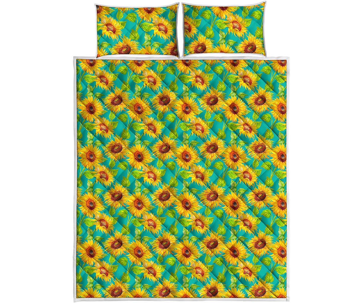 Teal Watercolor Sunflower Pattern Print Quilt Bed Set