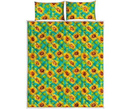 Teal Watercolor Sunflower Pattern Print Quilt Bed Set