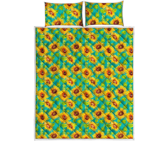 Teal Watercolor Sunflower Pattern Print Quilt Bed Set