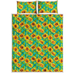 Teal Watercolor Sunflower Pattern Print Quilt Bed Set