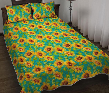 Teal Watercolor Sunflower Pattern Print Quilt Bed Set