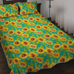 Teal Watercolor Sunflower Pattern Print Quilt Bed Set