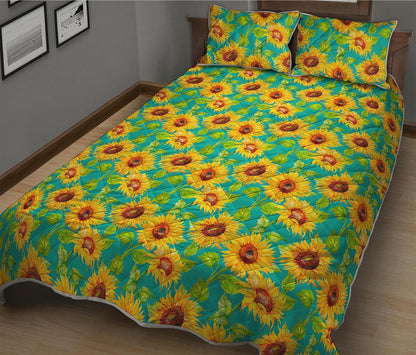 Teal Watercolor Sunflower Pattern Print Quilt Bed Set