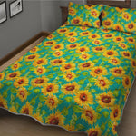 Teal Watercolor Sunflower Pattern Print Quilt Bed Set