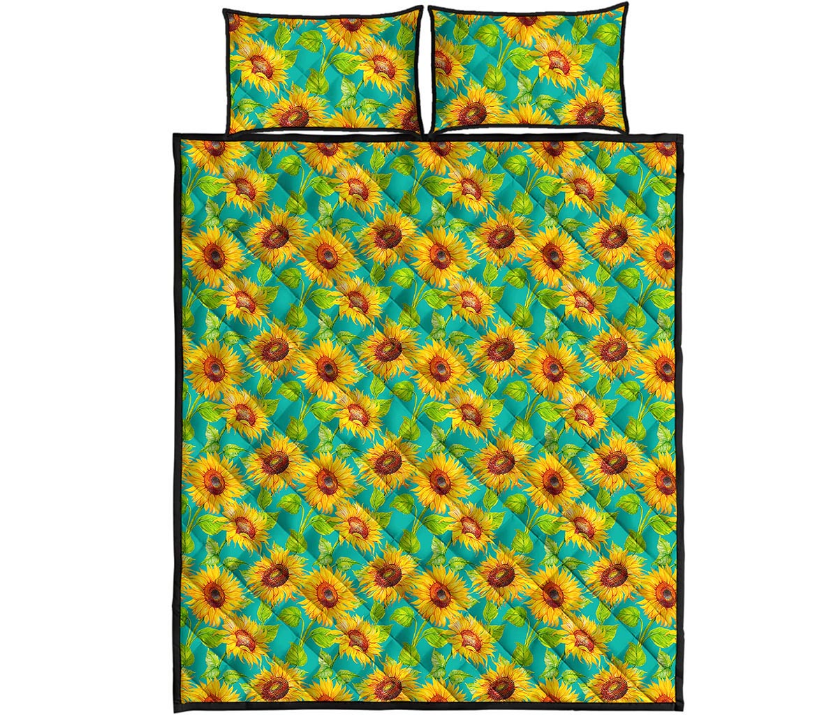 Teal Watercolor Sunflower Pattern Print Quilt Bed Set