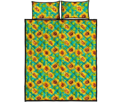 Teal Watercolor Sunflower Pattern Print Quilt Bed Set