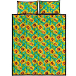 Teal Watercolor Sunflower Pattern Print Quilt Bed Set