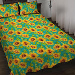 Teal Watercolor Sunflower Pattern Print Quilt Bed Set