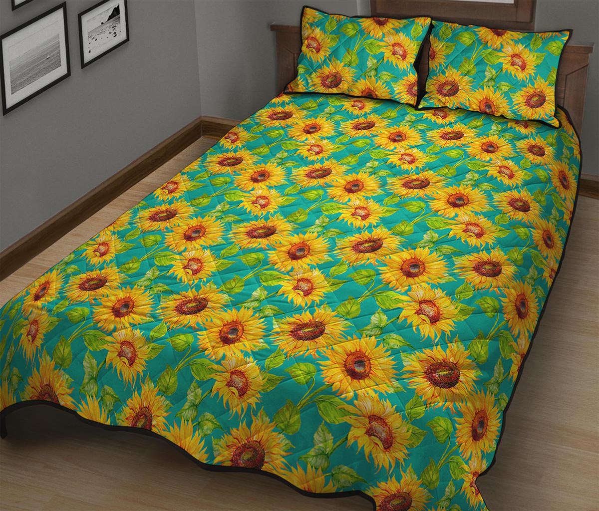 Teal Watercolor Sunflower Pattern Print Quilt Bed Set