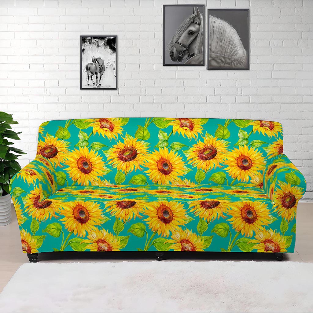 Teal Watercolor Sunflower Pattern Print Sofa Cover
