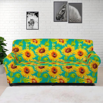 Teal Watercolor Sunflower Pattern Print Sofa Cover