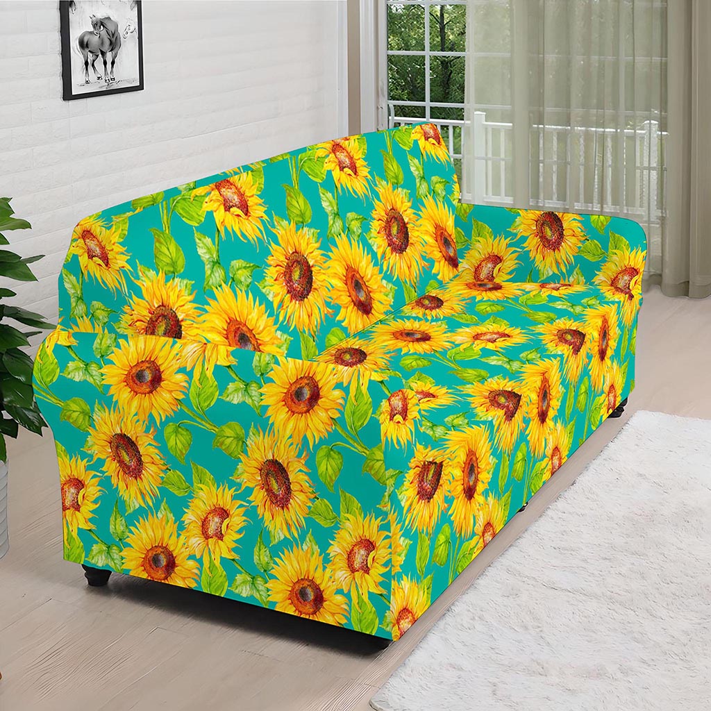 Teal Watercolor Sunflower Pattern Print Sofa Cover