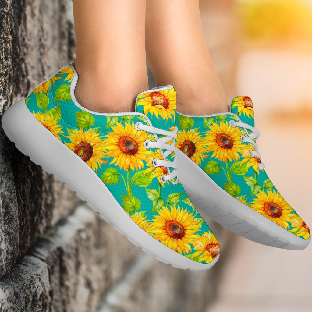 Teal Watercolor Sunflower Pattern Print Sport Shoes GearFrost