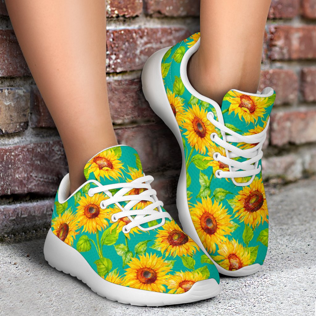 Teal Watercolor Sunflower Pattern Print Sport Shoes GearFrost