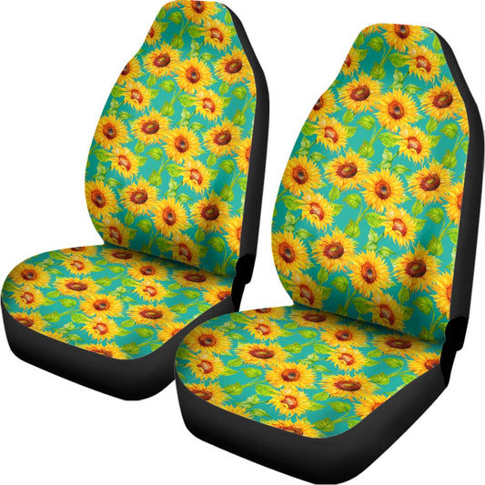 Teal Watercolor Sunflower Pattern Print Universal Fit Car Seat Covers