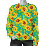 Teal Watercolor Sunflower Pattern Print Women's Crewneck Sweatshirt GearFrost