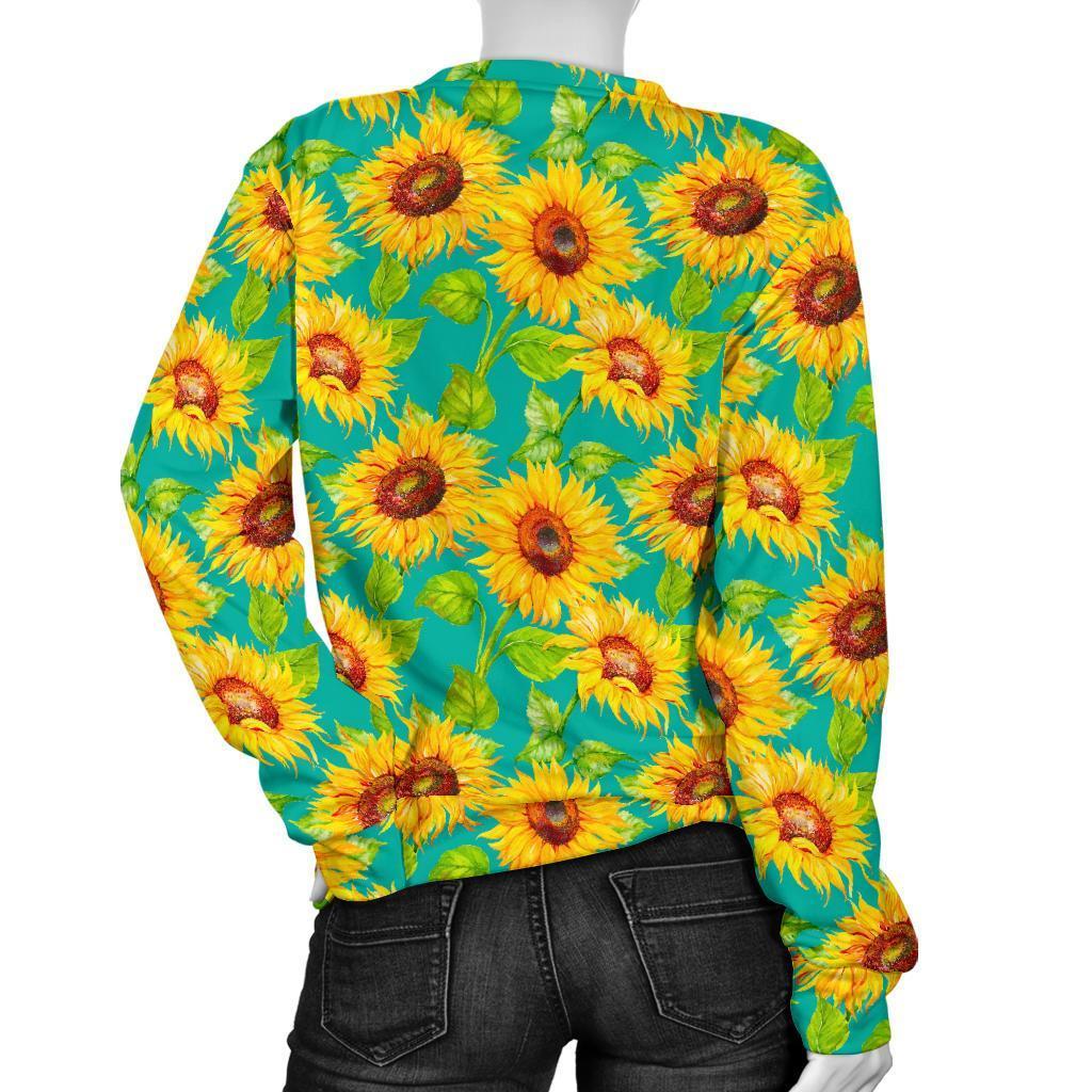 Teal Watercolor Sunflower Pattern Print Women's Crewneck Sweatshirt GearFrost