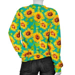 Teal Watercolor Sunflower Pattern Print Women's Crewneck Sweatshirt GearFrost
