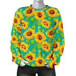 Teal Watercolor Sunflower Pattern Print Women's Crewneck Sweatshirt GearFrost