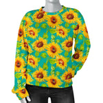 Teal Watercolor Sunflower Pattern Print Women's Crewneck Sweatshirt GearFrost