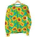 Teal Watercolor Sunflower Pattern Print Women's Crewneck Sweatshirt