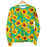 Teal Watercolor Sunflower Pattern Print Women's Crewneck Sweatshirt GearFrost