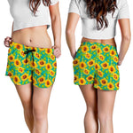 Teal Watercolor Sunflower Pattern Print Women's Shorts