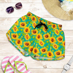Teal Watercolor Sunflower Pattern Print Women's Shorts