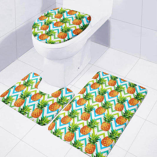 Teal Zig Zag Pineapple Pattern Print 3 Piece Bath Mat Set