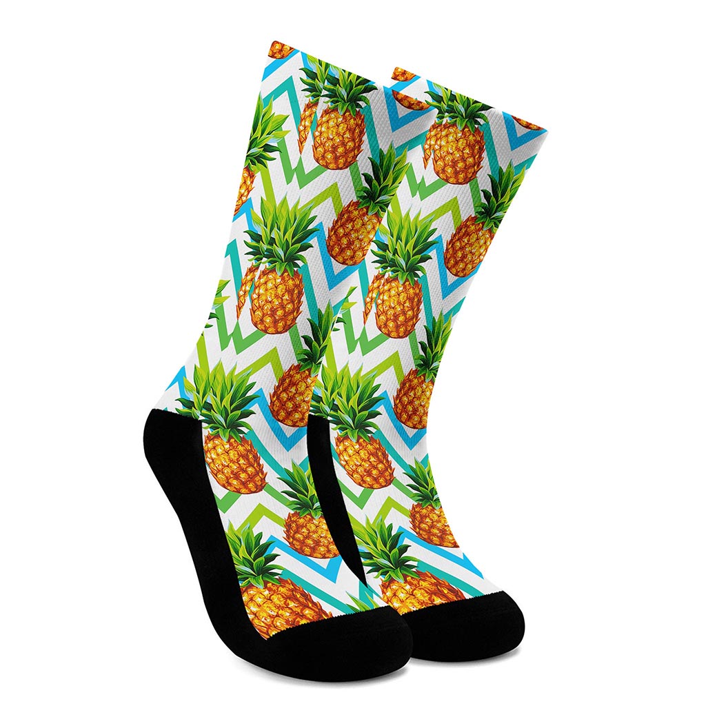 Teal Zig Zag Pineapple Pattern Print Crew Socks