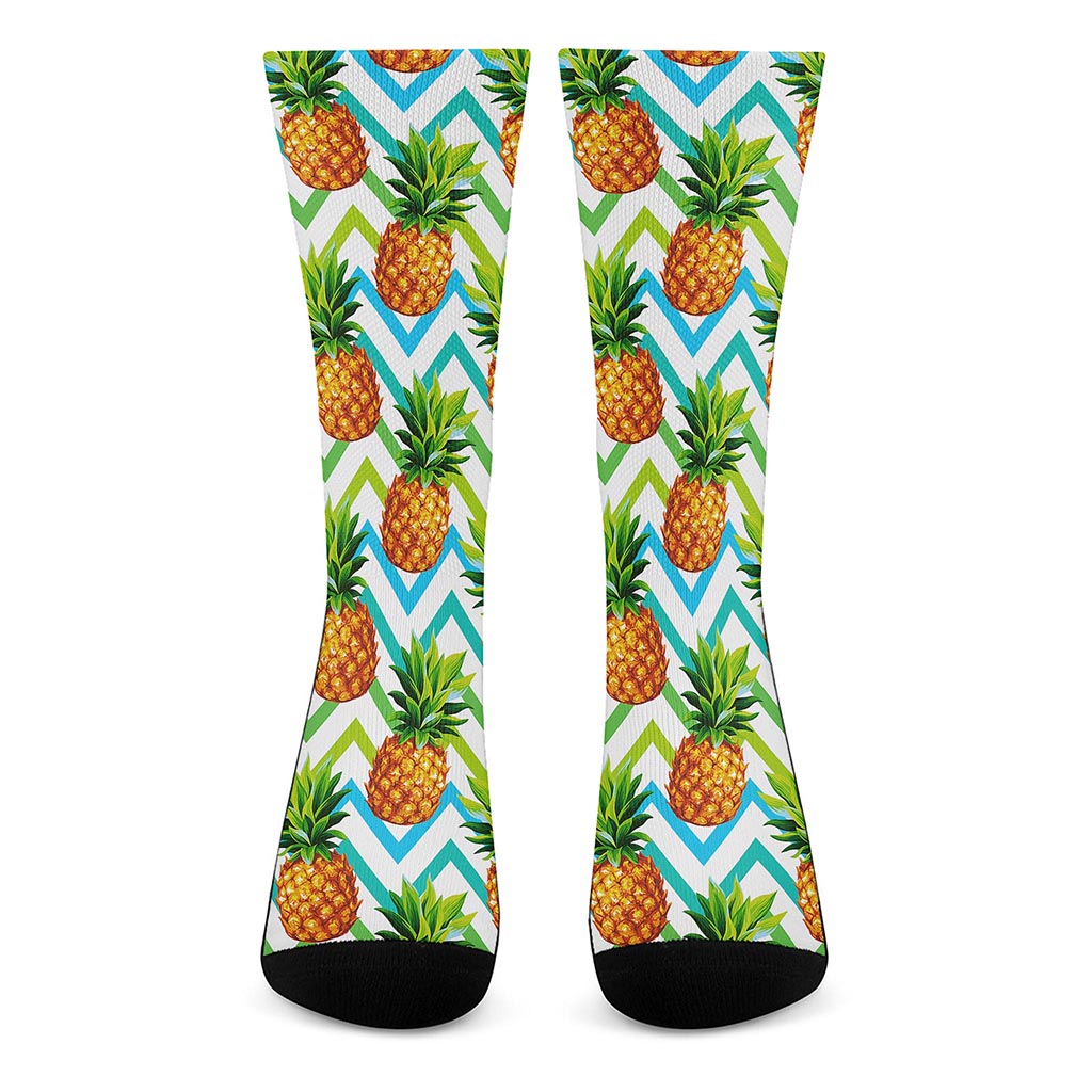 Teal Zig Zag Pineapple Pattern Print Crew Socks
