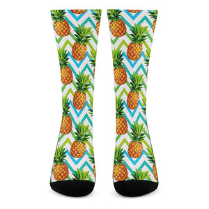 Teal Zig Zag Pineapple Pattern Print Crew Socks