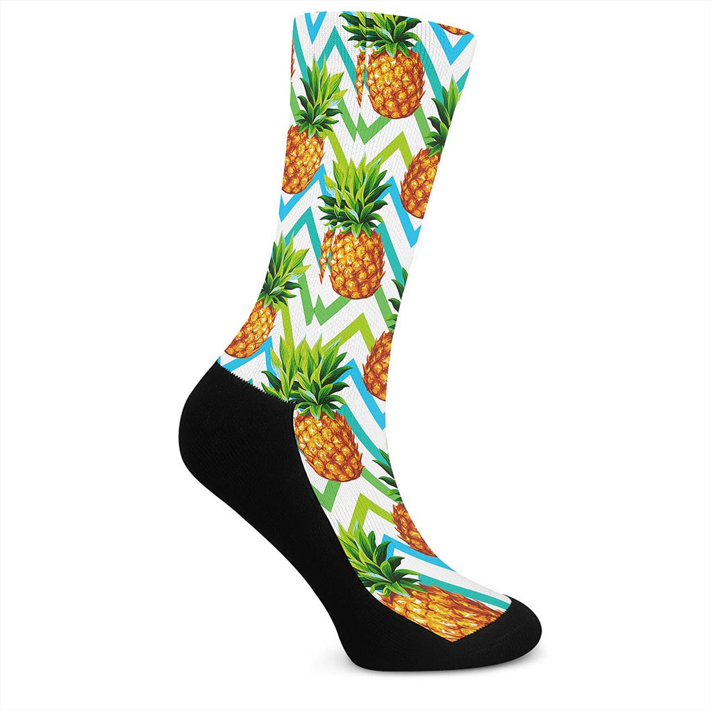 Teal Zig Zag Pineapple Pattern Print Crew Socks