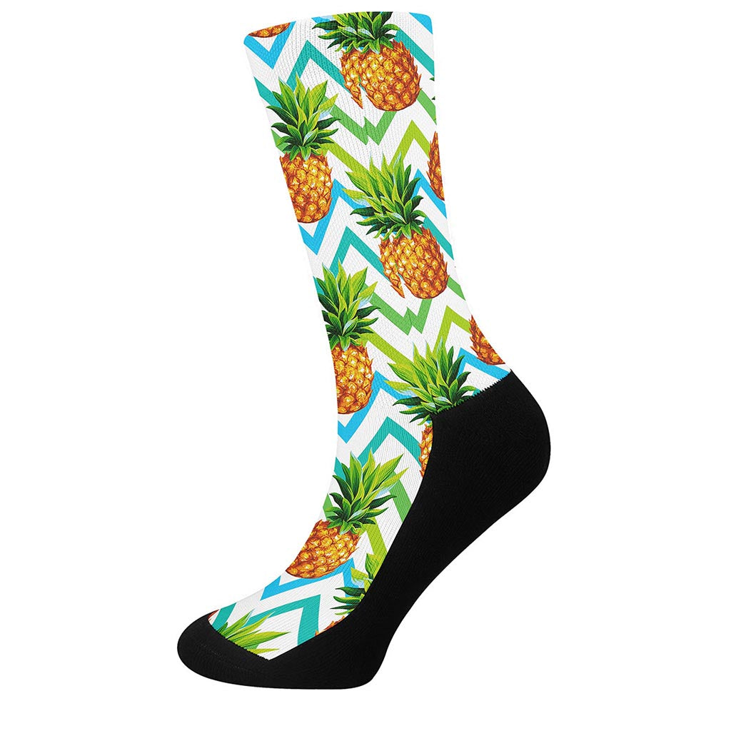 Teal Zig Zag Pineapple Pattern Print Crew Socks