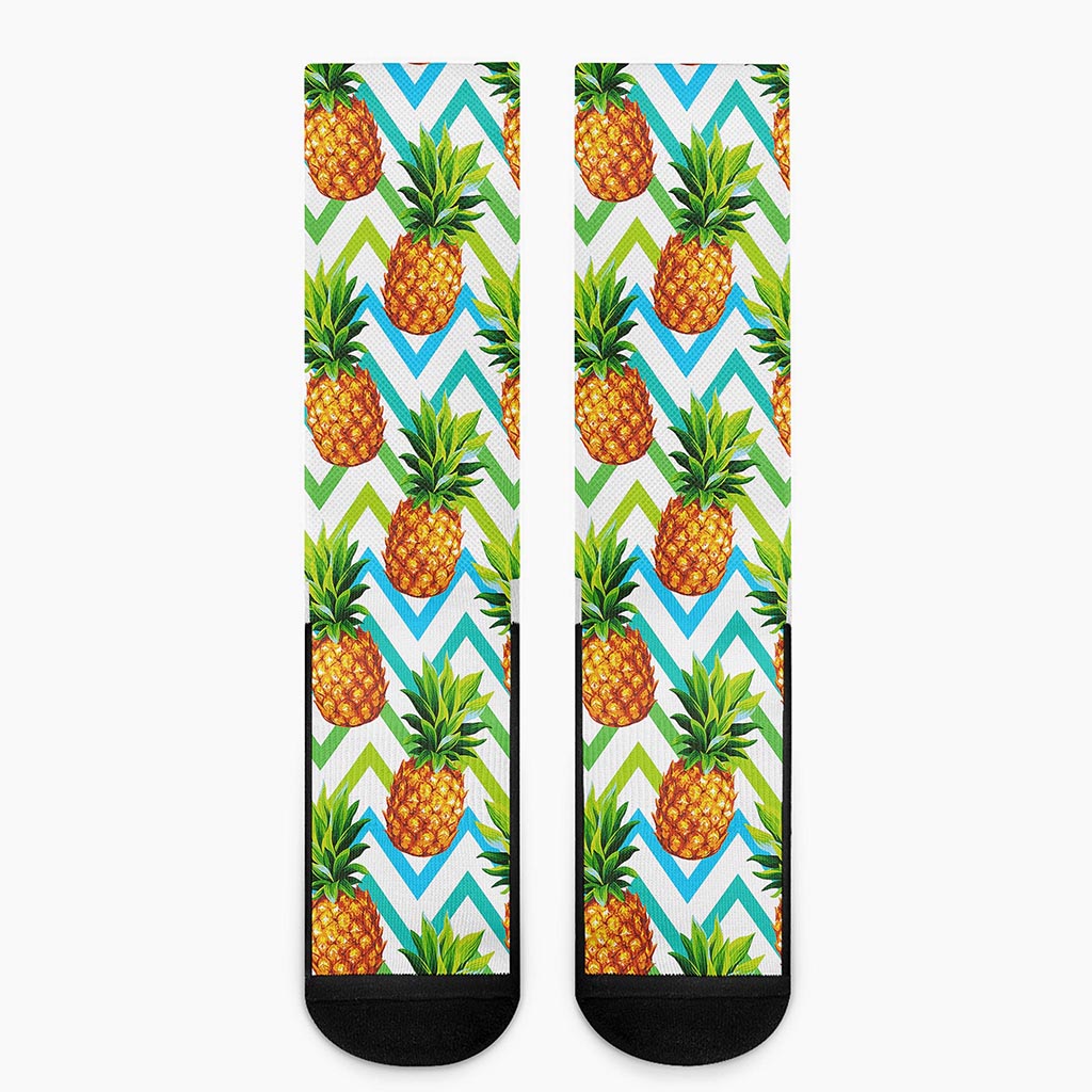 Teal Zig Zag Pineapple Pattern Print Crew Socks