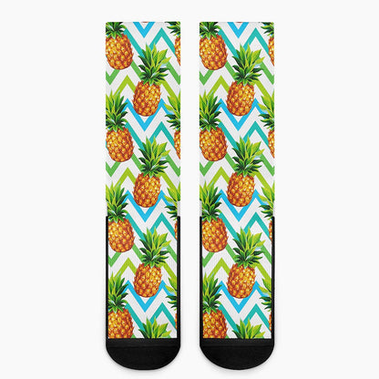 Teal Zig Zag Pineapple Pattern Print Crew Socks