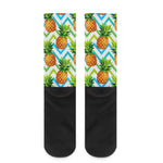 Teal Zig Zag Pineapple Pattern Print Crew Socks