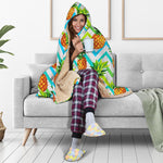 Teal Zig Zag Pineapple Pattern Print Hooded Blanket