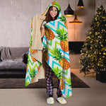 Teal Zig Zag Pineapple Pattern Print Hooded Blanket
