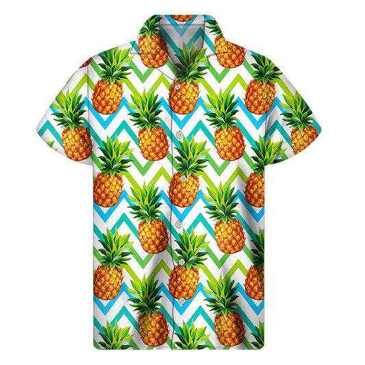 Teal Zig Zag Pineapple Pattern Print Men's Short Sleeve Shirt