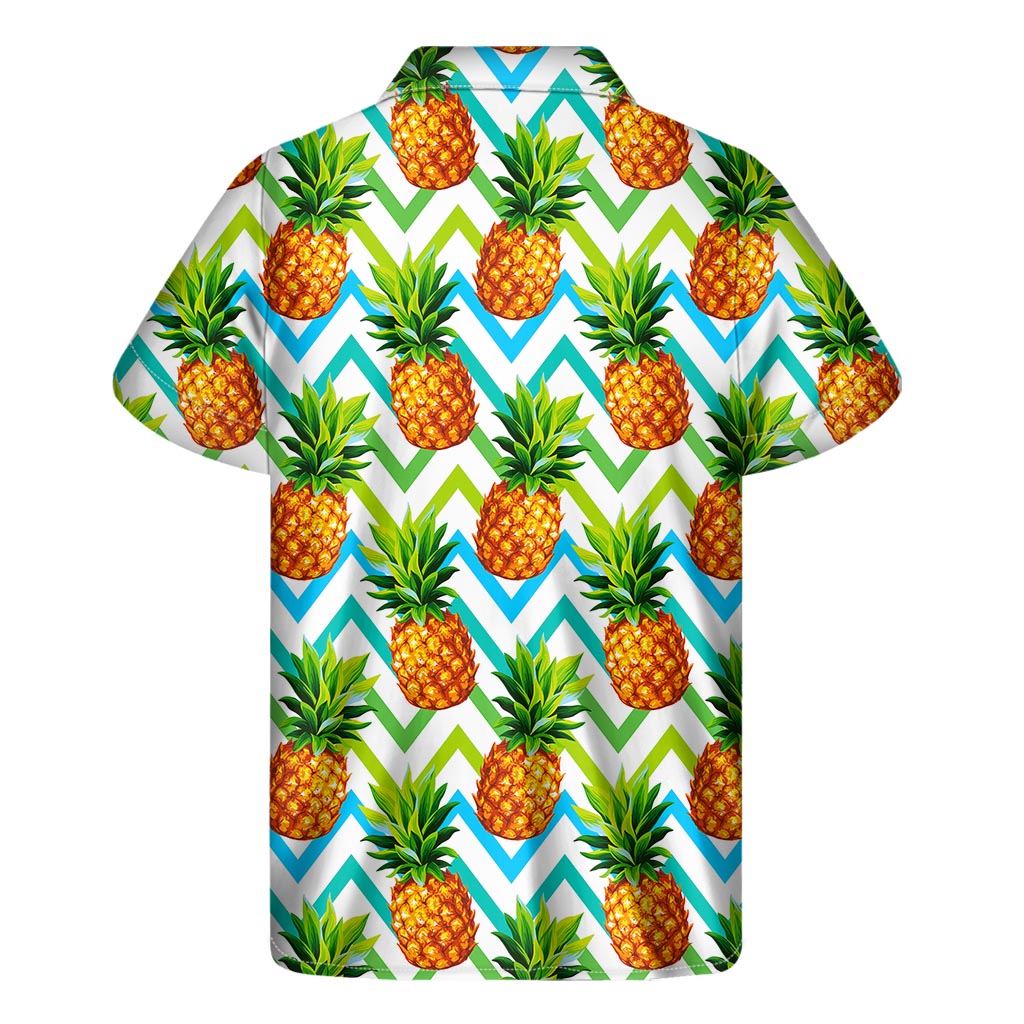 Teal Zig Zag Pineapple Pattern Print Men's Short Sleeve Shirt