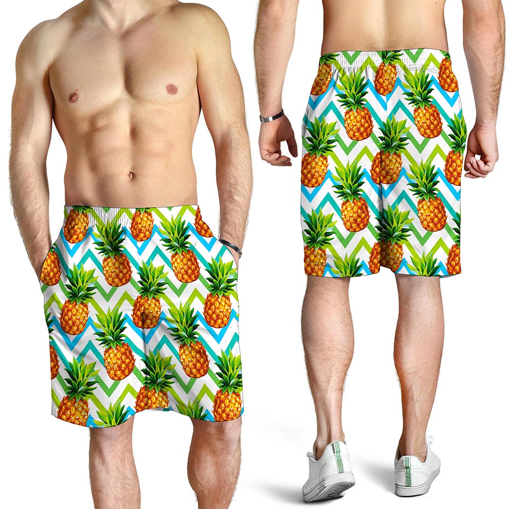 Teal Zig Zag Pineapple Pattern Print Men's Shorts