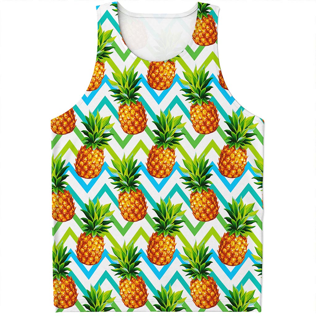 Teal Zig Zag Pineapple Pattern Print Men's Tank Top